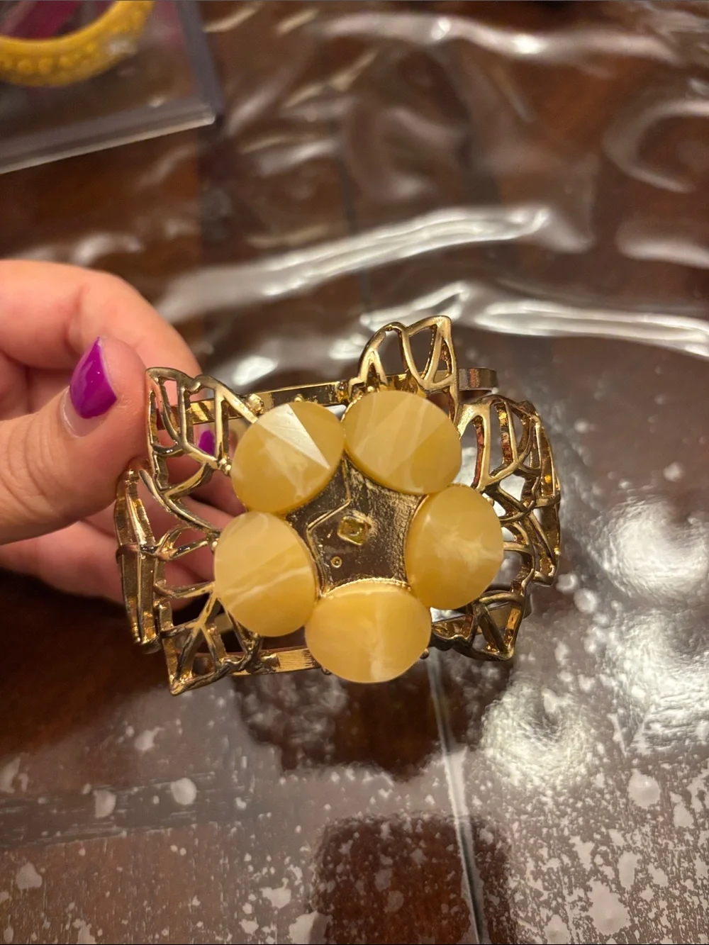 Gold-Tone Cuff Bracelet with Yellow Stone Flower